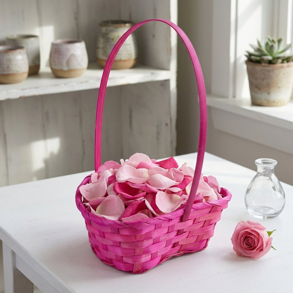 12-Pack: Small 6" Pink Heart Shaped Bamboo Baskets with Handle