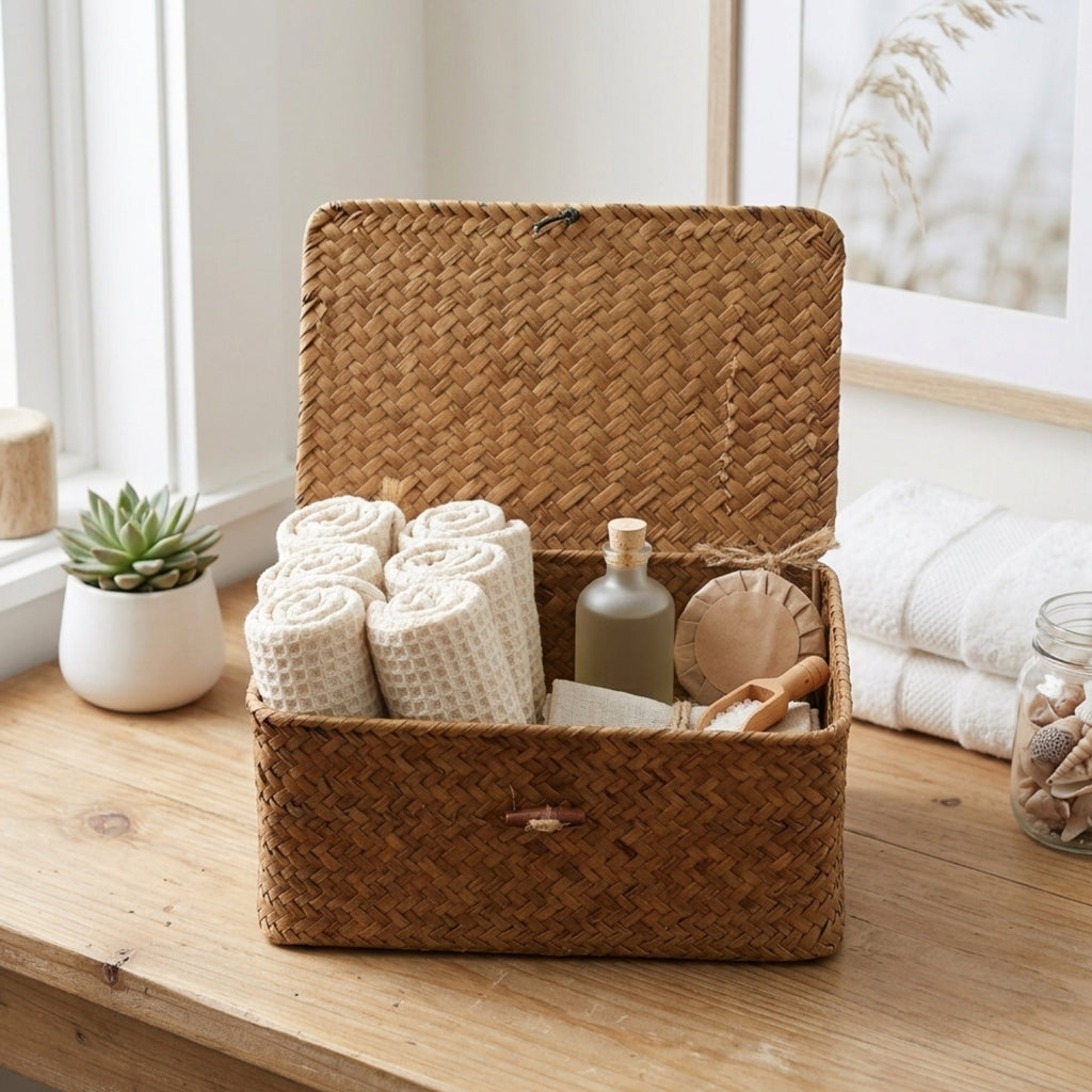 Alexa Collection: 12-Pack 9" Natural Seagrass Keepsake Storage Boxes with Lid