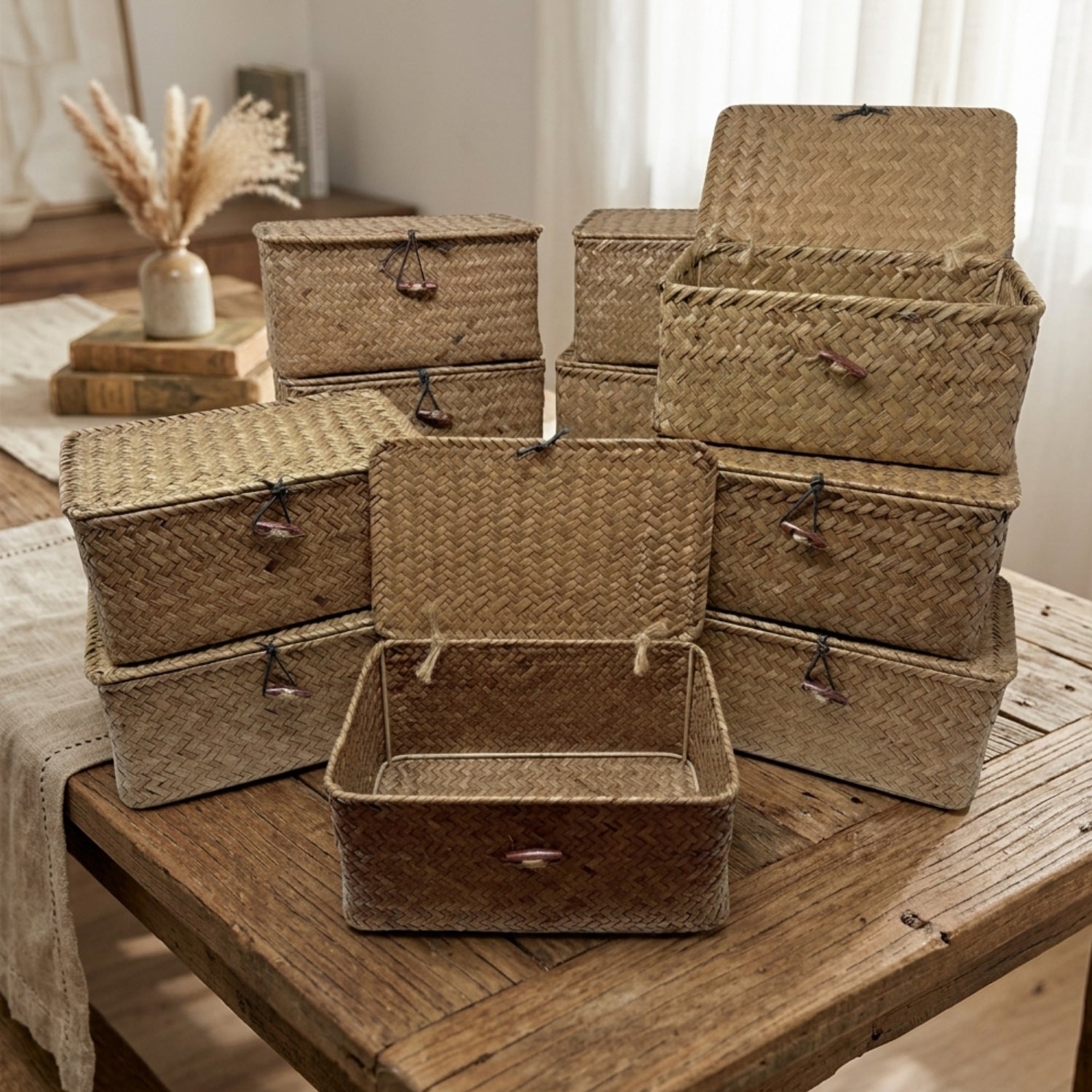 Alexa Collection: 12-Pack 9" Natural Seagrass Keepsake Storage Boxes with Lid
