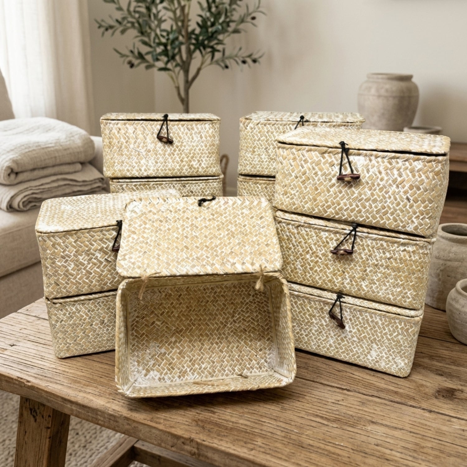 Alexa Collection: 12-Pack 9" Natural White Wash Seagrass Keepsake Storage Boxes with Lid