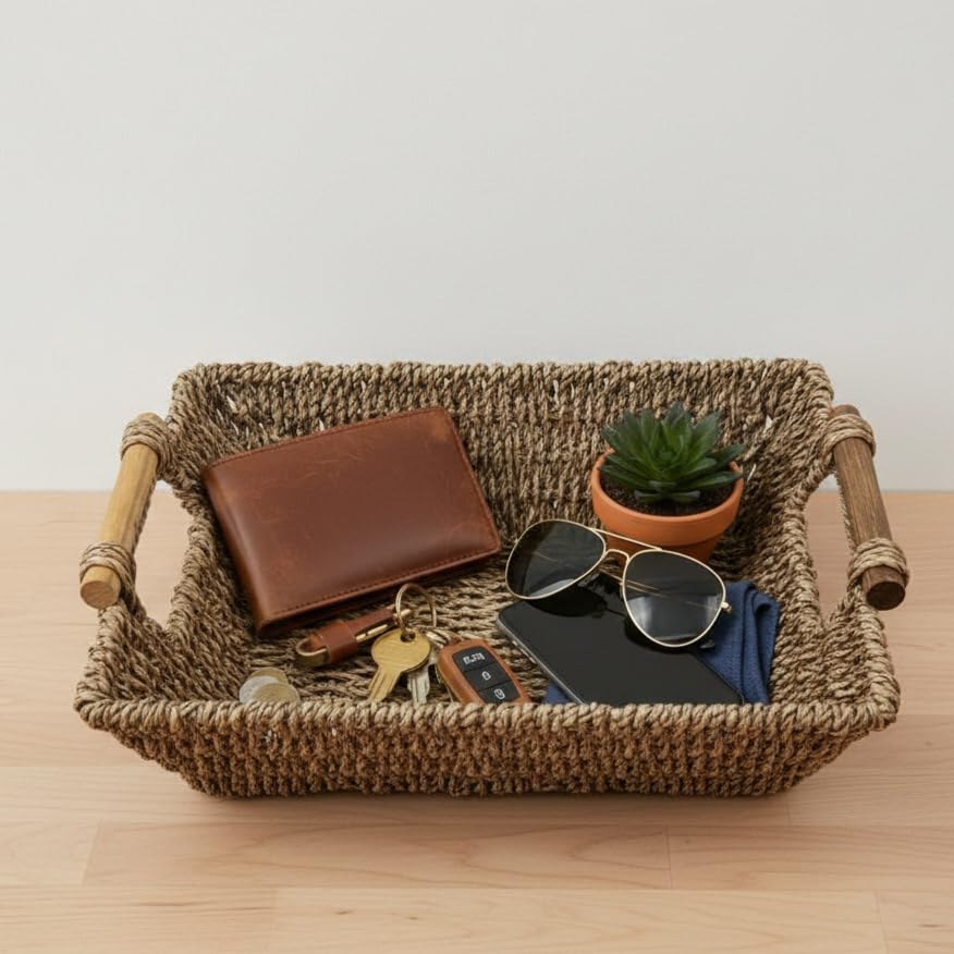 Kalani Collection: 12-Pack 10" Small Sea Grass Tray Basket with Bamboo Handles