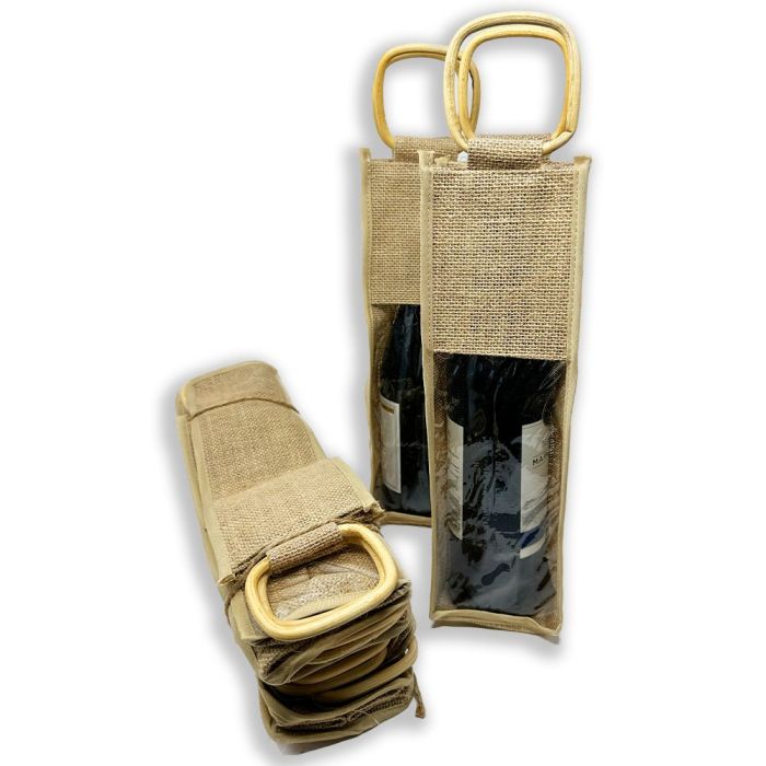 Jute Collection: 12-Pack 3" Natural Jute Wine Bottle Bags with Window and Handle