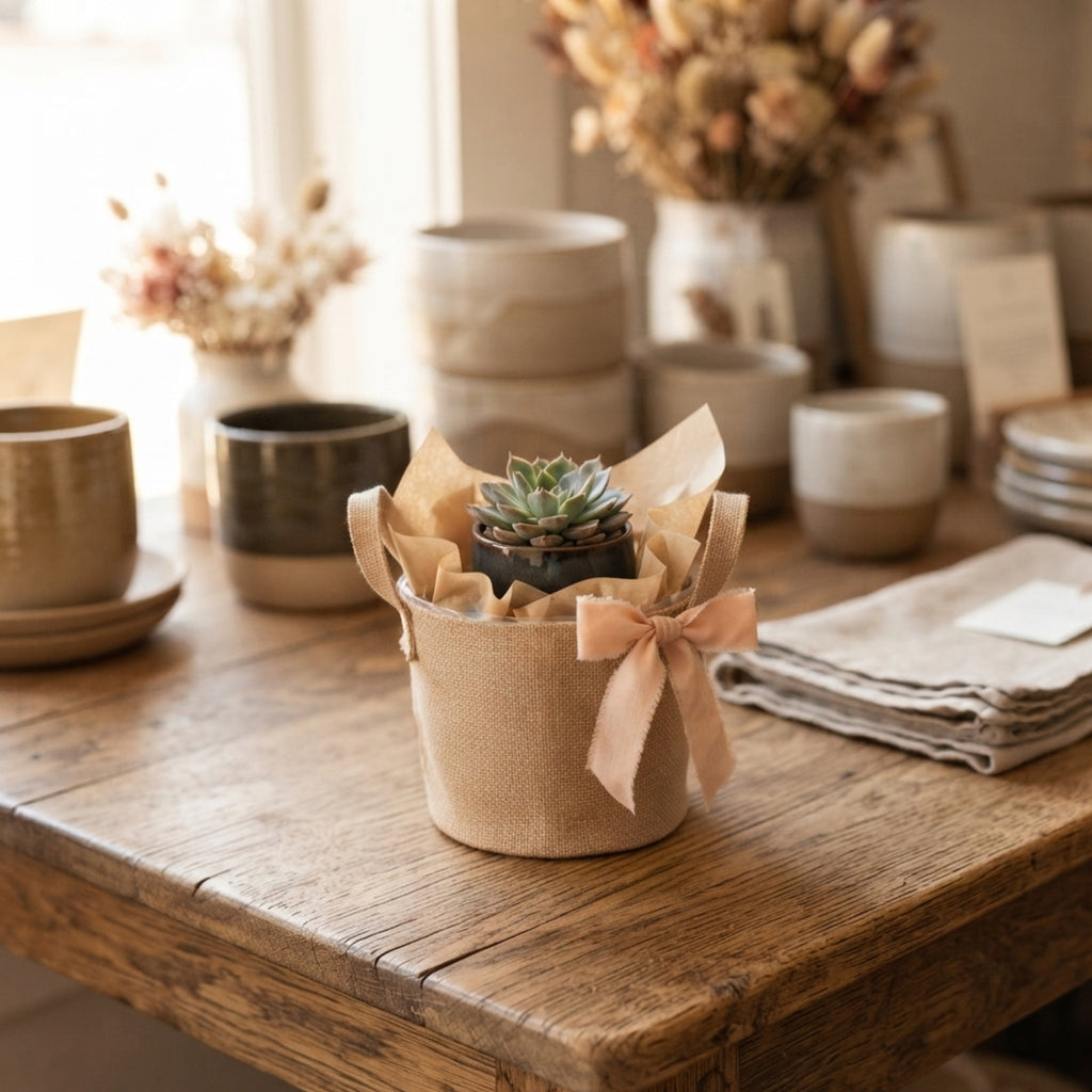 Jute Collection: 12-Pack 8" Medium Round Natural Jute Handle Bags with Wire Rim & Plastic Liner