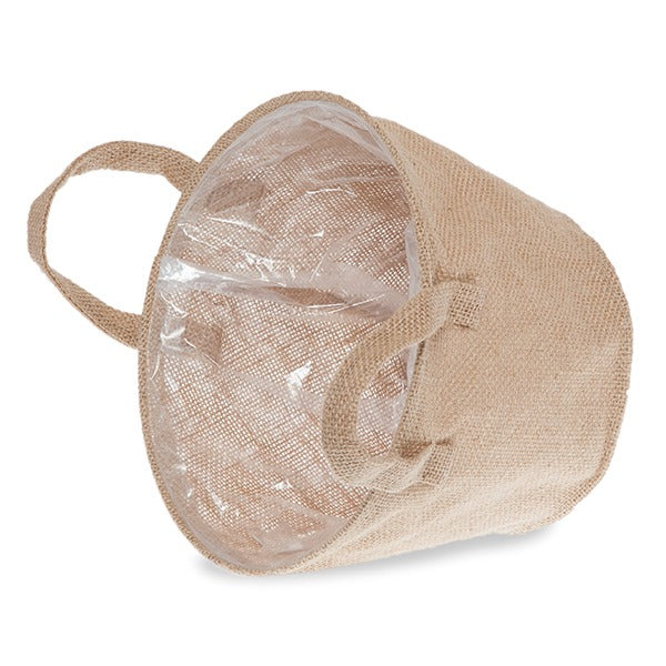 Jute Collection: 12-Pack 8" Medium Round Natural Jute Handle Bags with Wire Rim & Plastic Liner