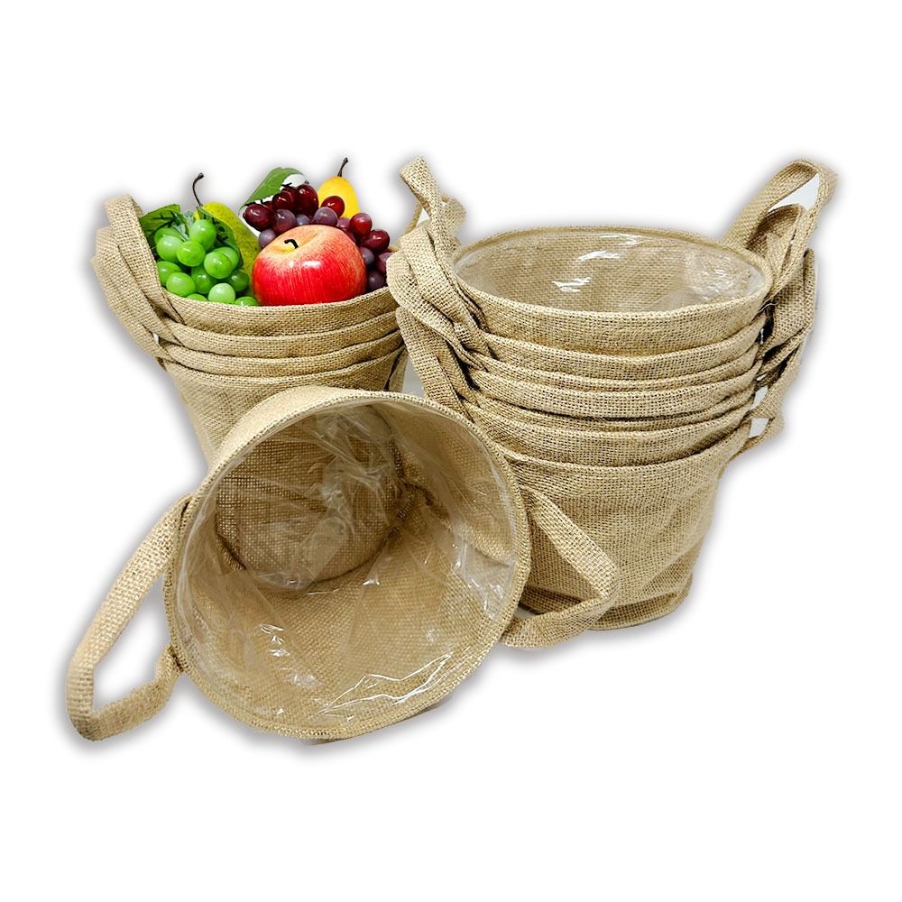 Jute Collection: 12-Pack 7" Round Natural Jute Handle Bags with Plastic Liners