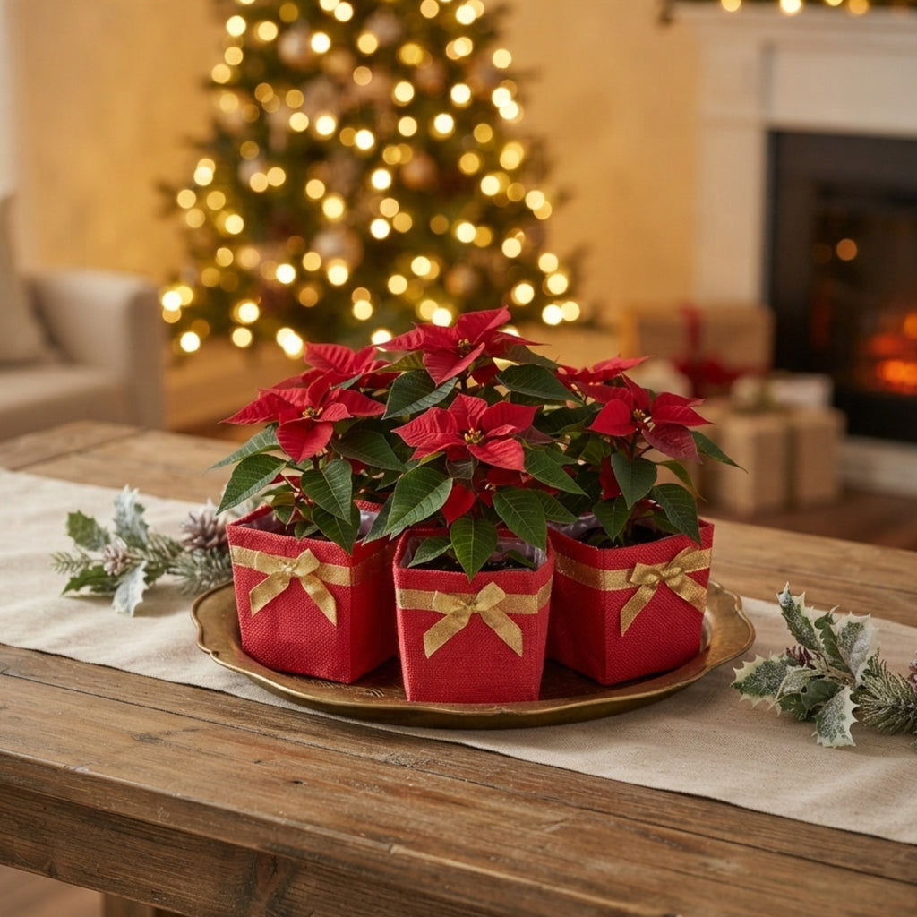 Holiday Collection: 12-Pack 5" Medium Square Red Jute Utility Bags with Gold Bow