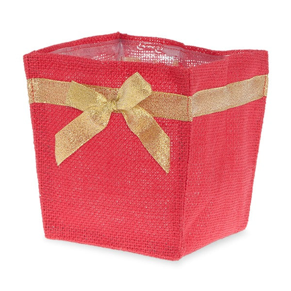 Holiday Collection: 12-Pack 5" Medium Square Red Jute Utility Bags with Gold Bow