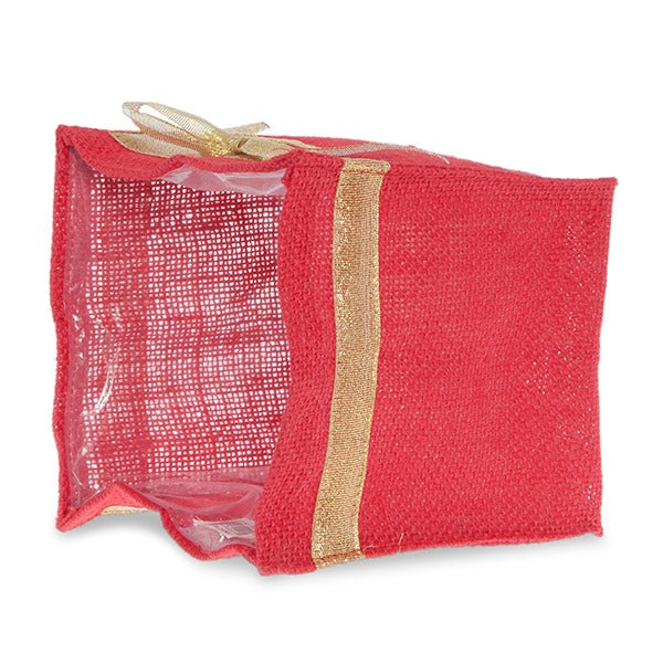 Holiday Collection: 12-Pack 5" Medium Square Red Jute Utility Bags with Gold Bow