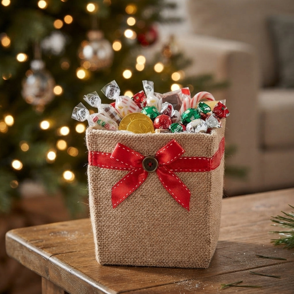 Holiday Collection: 12-Pack 5" Small Square Natural Jute Utility Bags with Red Bow