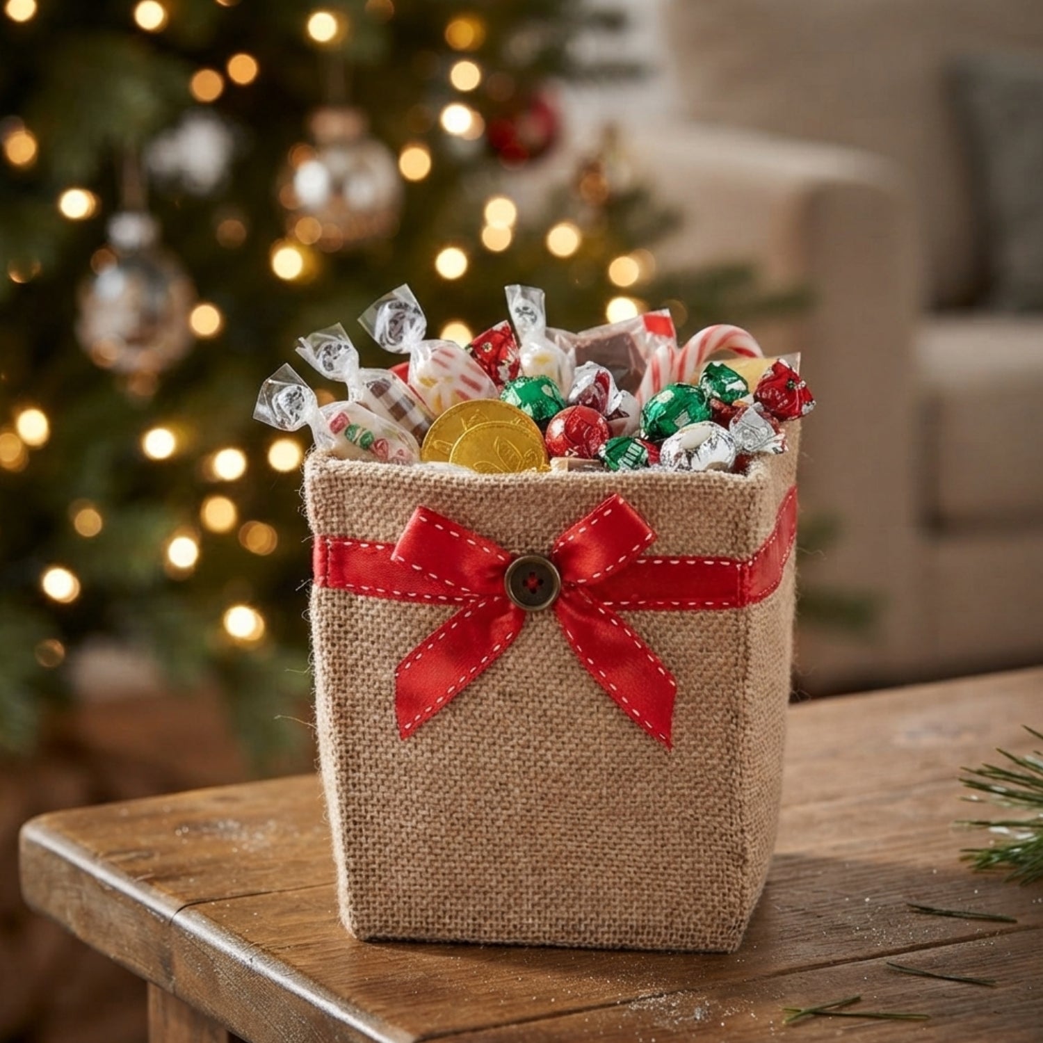 Holiday Collection: 12-Pack 5" Small Square Natural Jute Utility Bags with Red Bow