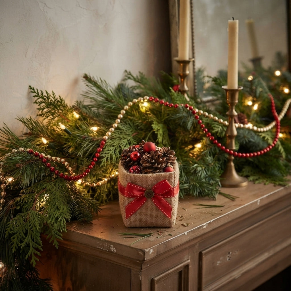 Holiday Collection: 12-Pack 5" Small Square Natural Jute Utility Bags with Red Bow