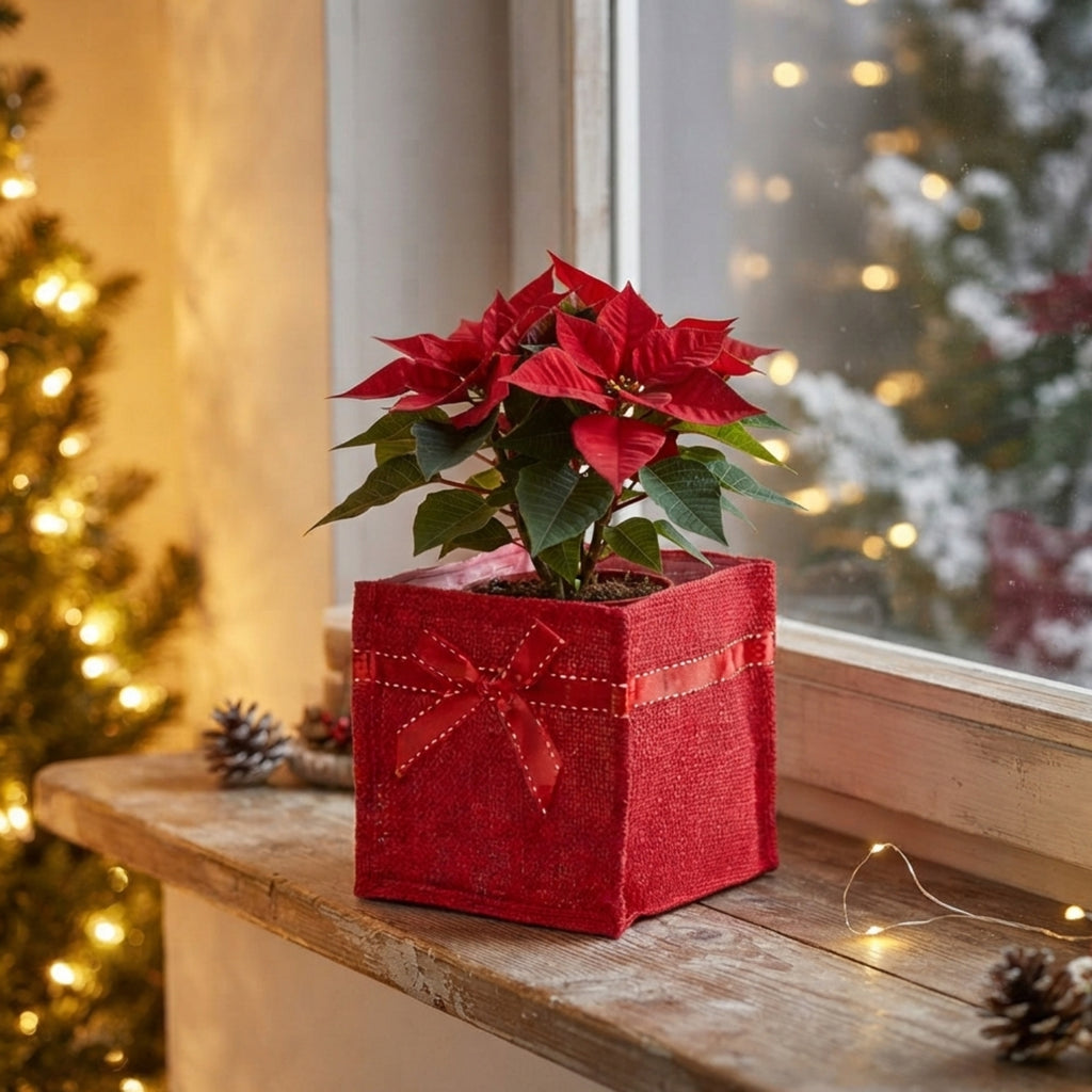 Holiday Collection: 12-Pack Medium 6" Red Jute Square Utility Bags with Red Bow