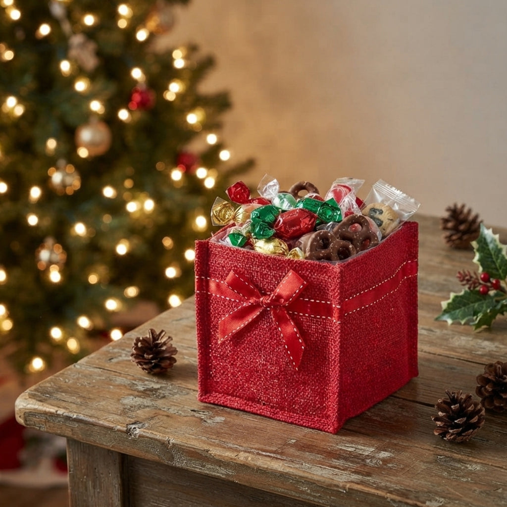 Holiday Collection: 12-Pack Medium 6" Red Jute Square Utility Bags with Red Bow