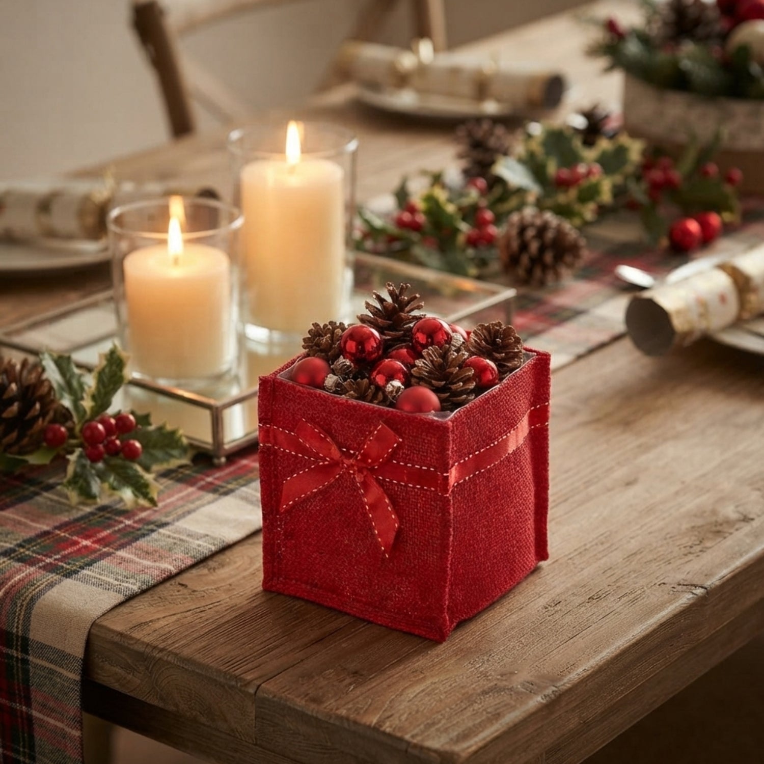 Holiday Collection: 12-Pack Medium 6" Red Jute Square Utility Bags with Red Bow