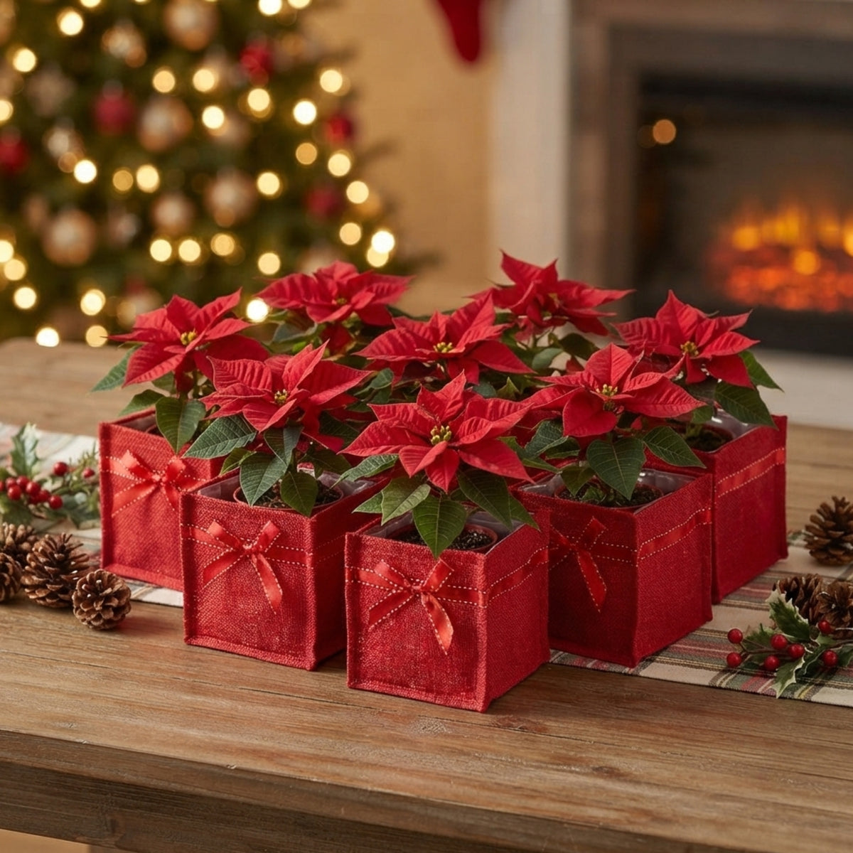 Holiday Collection: 12-Pack Medium 6" Red Jute Square Utility Bags with Red Bow