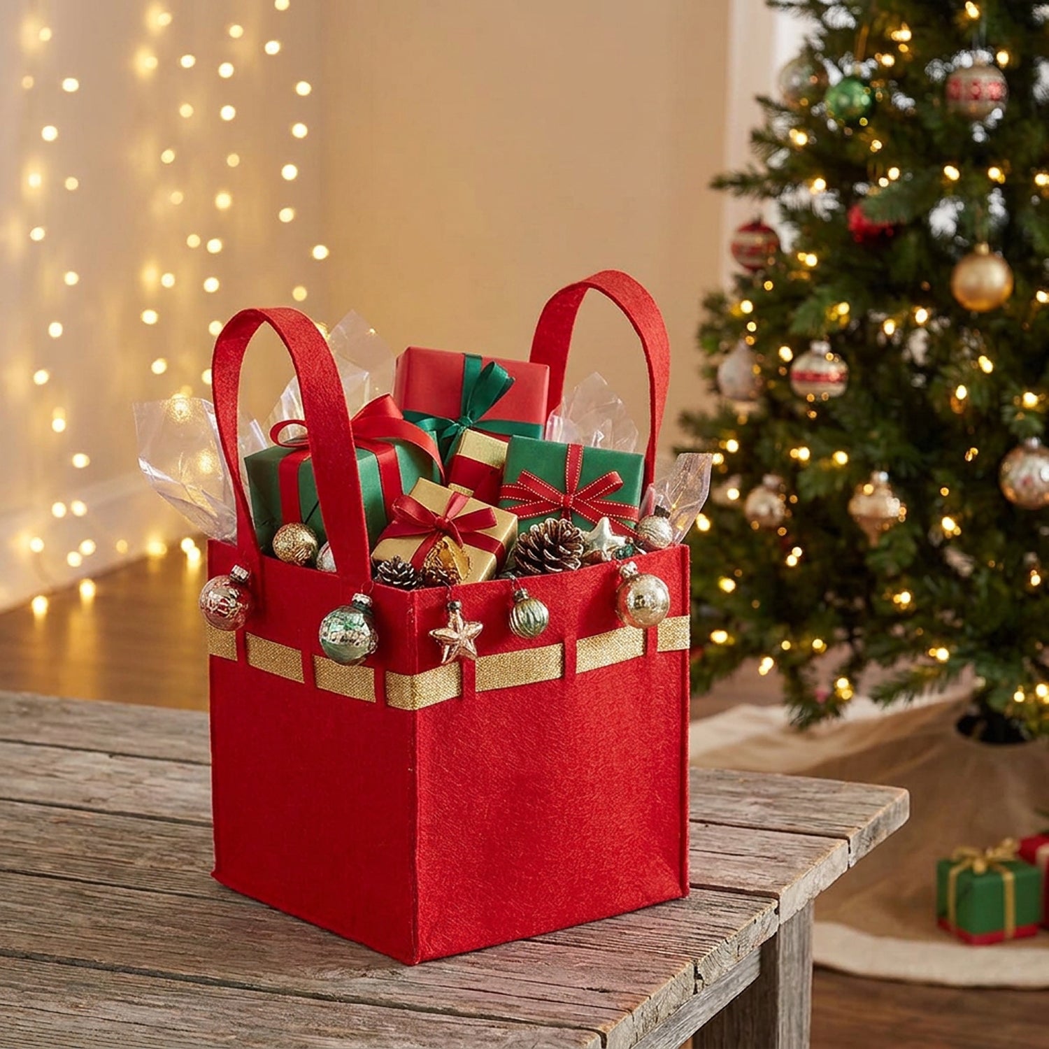 Holiday Collection: 12-Pack 8" Large Square Red Felt Gift Bags with Gold Trim