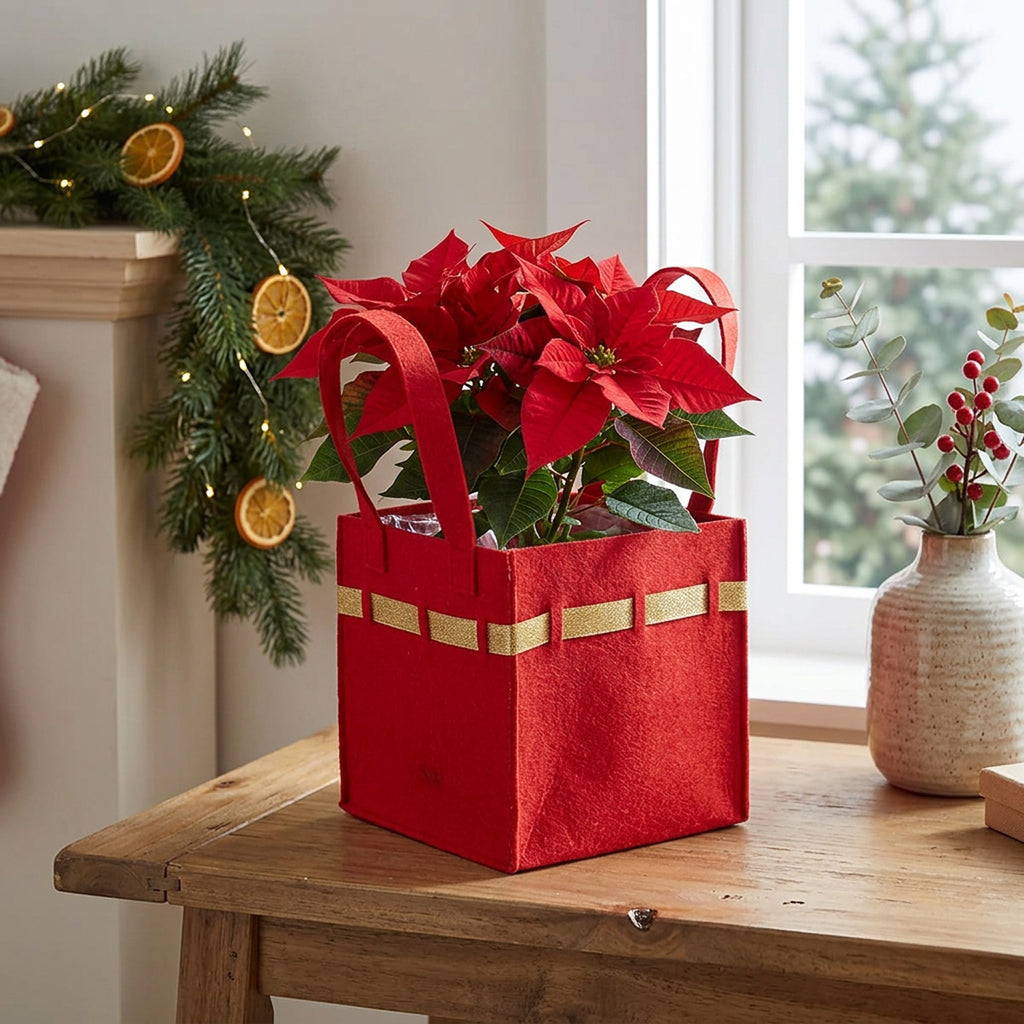 Holiday Collection: 12-Pack 8" Large Square Red Felt Gift Bags with Gold Trim
