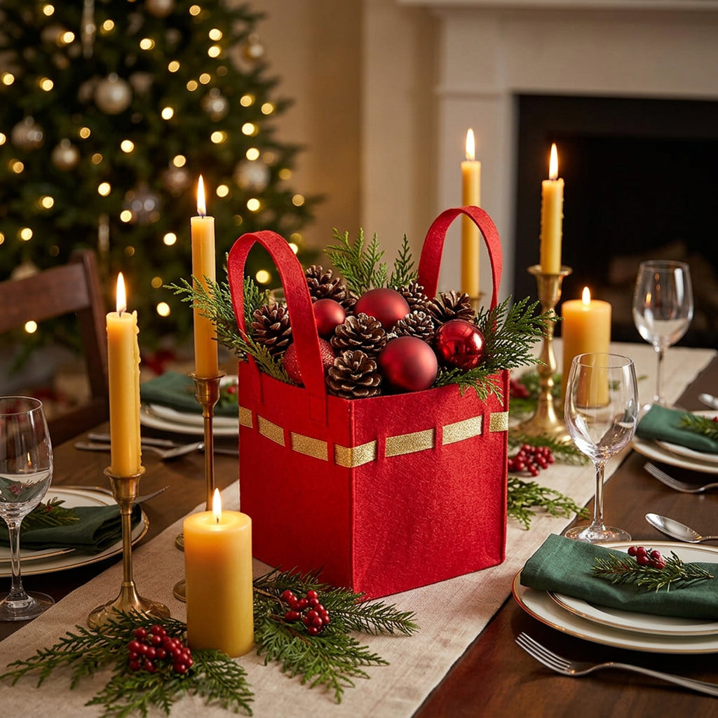 Holiday Collection: 12-Pack 8" Large Square Red Felt Gift Bags with Gold Trim