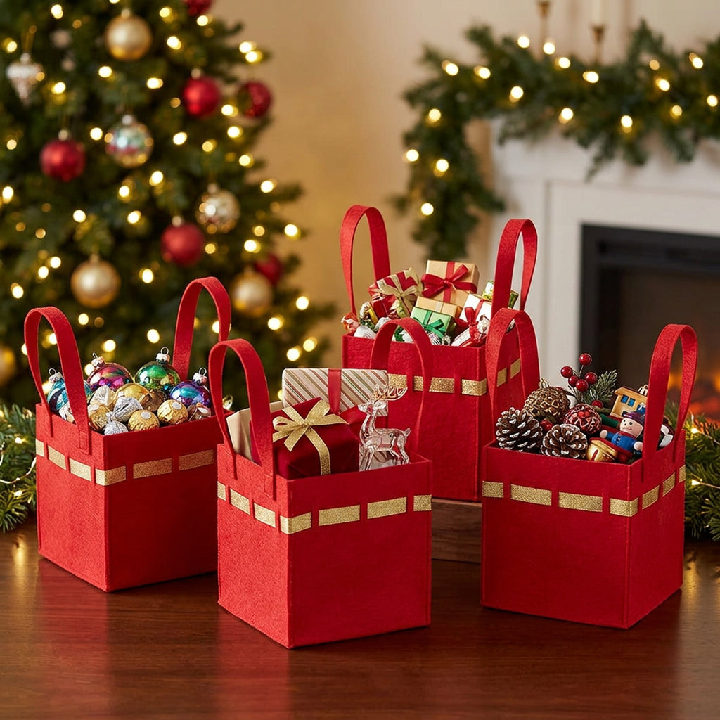 Holiday Collection: 12-Pack 8" Large Square Red Felt Gift Bags with Gold Trim