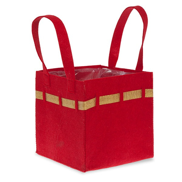 Holiday Collection: 12-Pack 8" Large Square Red Felt Gift Bags with Gold Trim