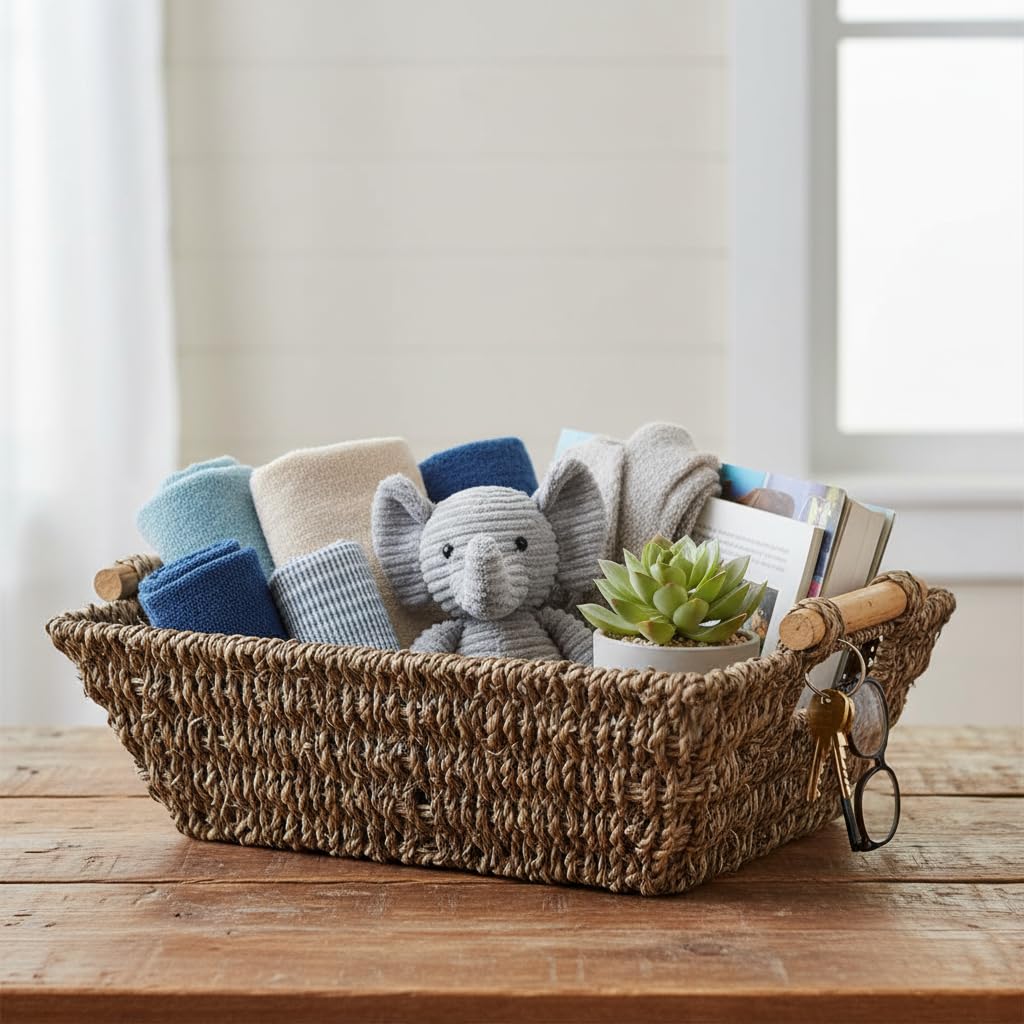 Kalani Collection: 12-Pack 10" Small Sea Grass Tray Basket with Bamboo Handles