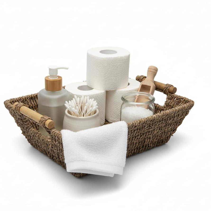 Kalani Collection: 12-Pack 10" Small Sea Grass Tray Basket with Bamboo Handles