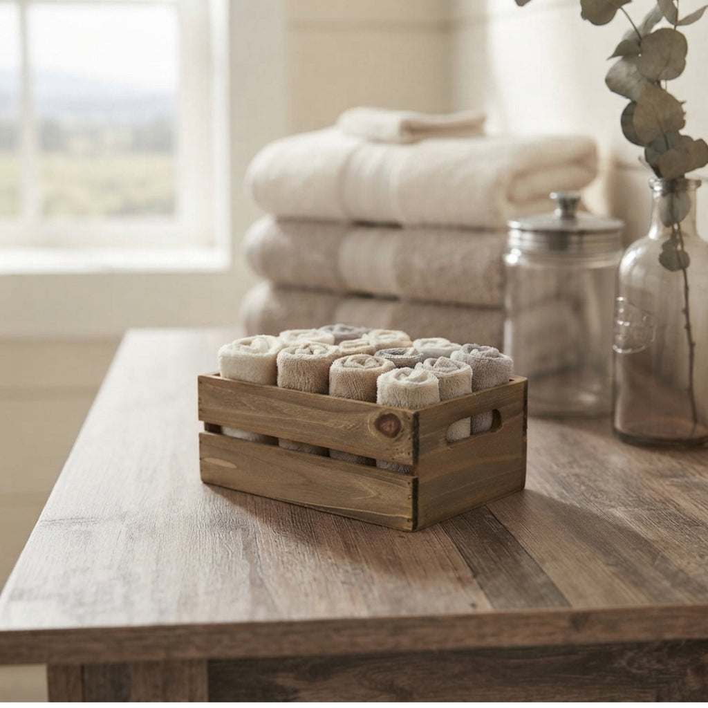 12-Pack: Small 9" Antique Honey Wooden Storage Crates with In-Handles