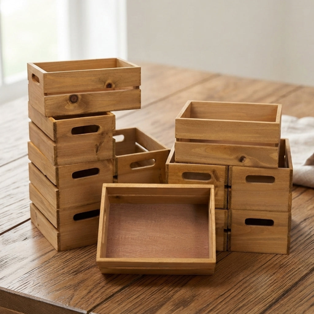 12-Pack: Small 9" Antique Honey Wooden Storage Crates with In-Handles