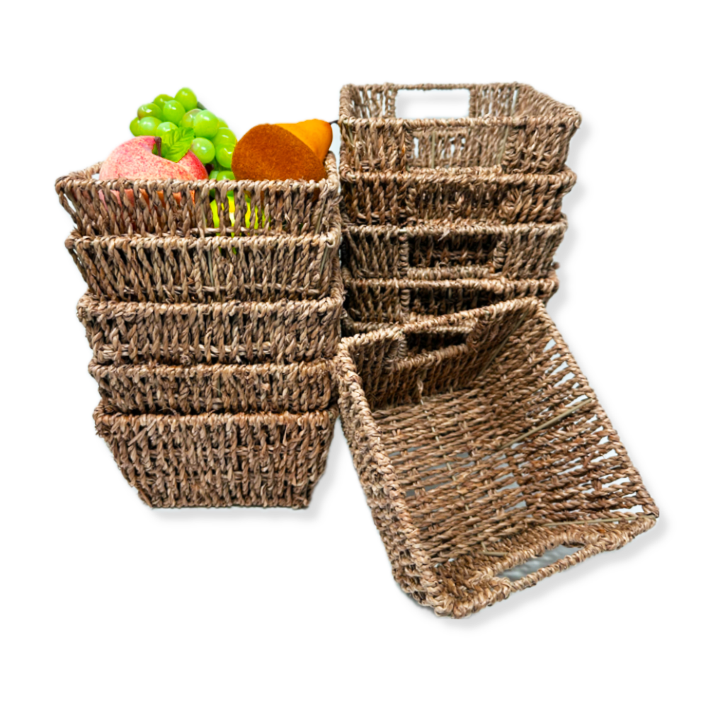 Michaela Collection: 12-Pack 8" Square Natural Sea Grass Utility Basket with Handles