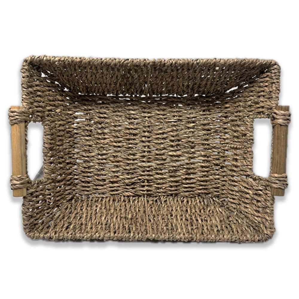 Kalani Collection: 12-Pack 10" Small Sea Grass Tray Basket with Bamboo Handles
