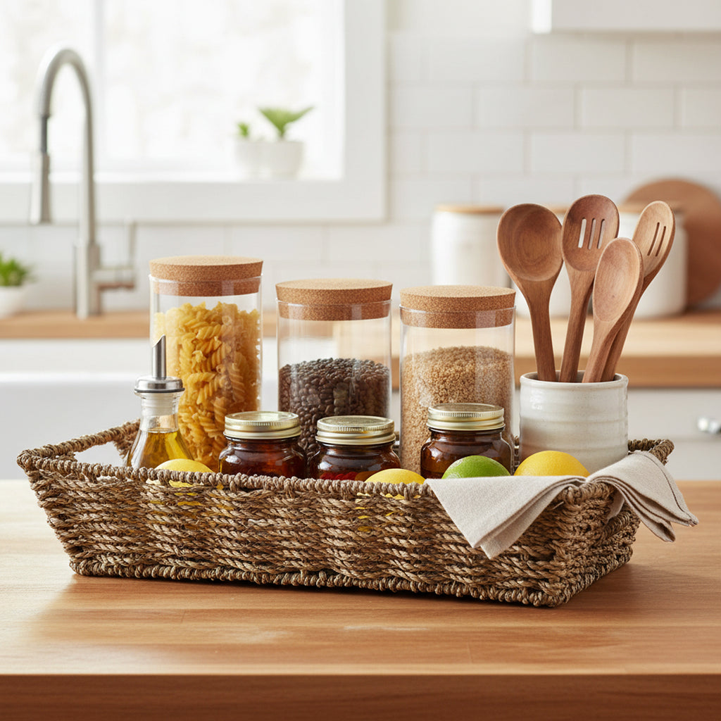 Michaela Collection: 12-Pack 13" Rectangular Sea Grass Flat Tray Basket with Handles