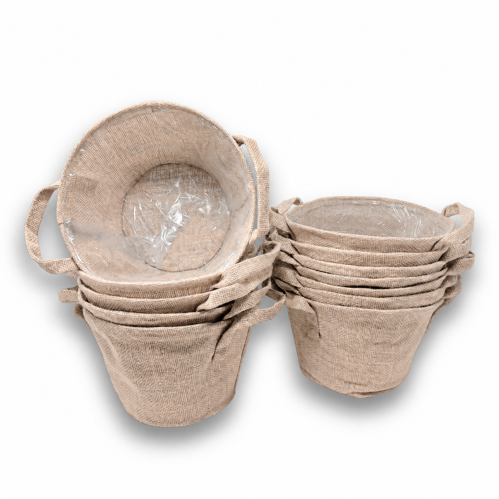 Jute Collection: 12-Pack 8" Medium Round Natural Jute Handle Bags with Wire Rim & Plastic Liner