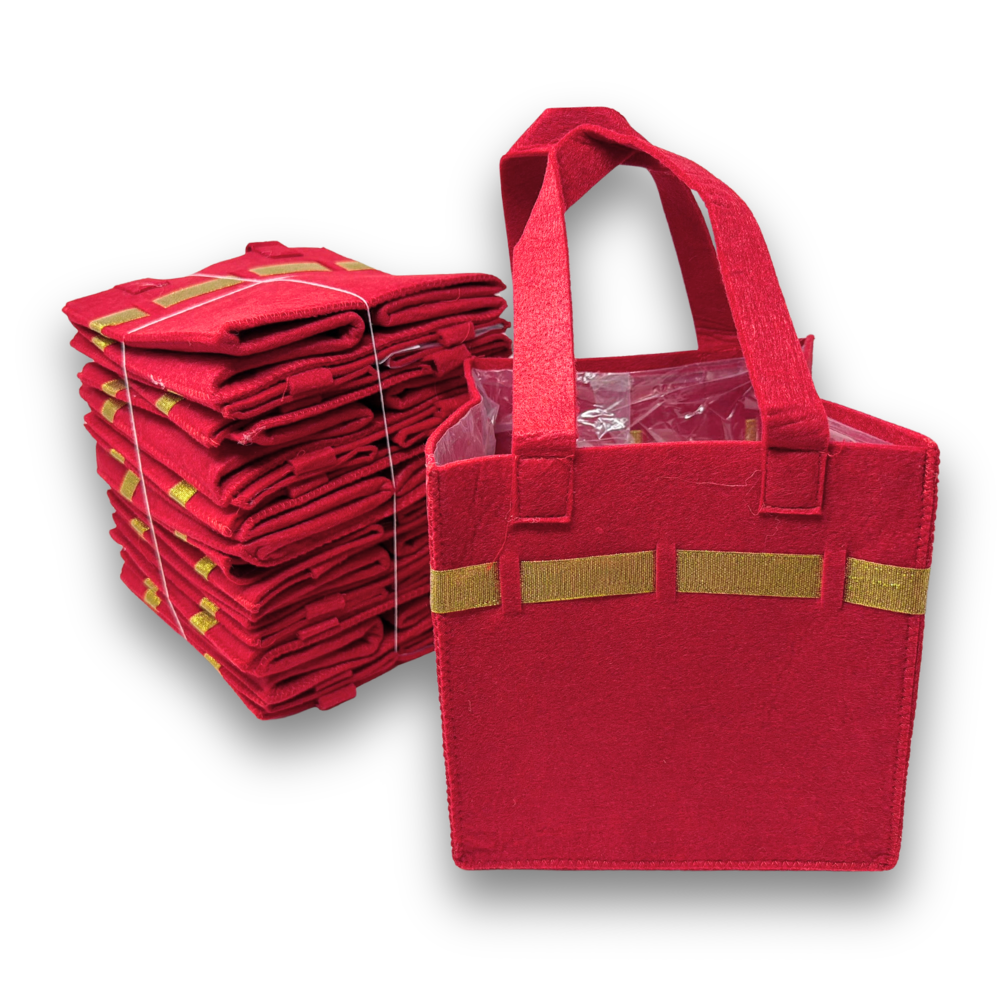 Holiday Collection: 12-Pack 8" Large Square Red Felt Gift Bags with Gold Trim