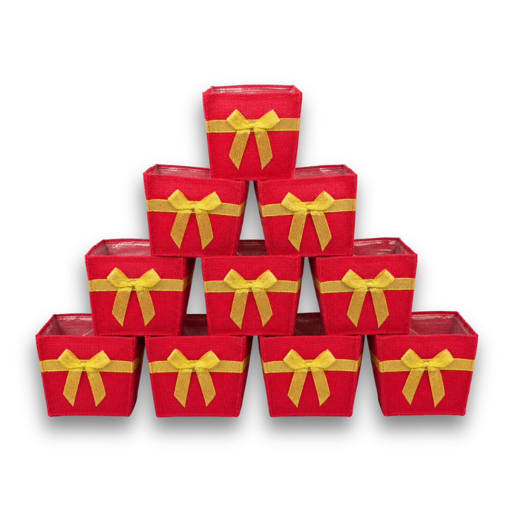Holiday Collection: 12-Pack 5" Medium Square Red Jute Utility Bags with Gold Bow