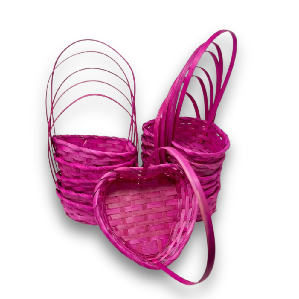 12-Pack: Small 6" Pink Heart Shaped Bamboo Baskets with Handle