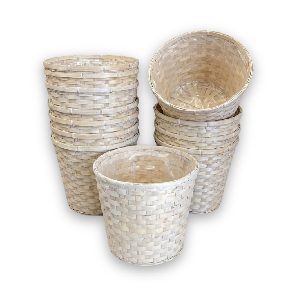 12-Pack: 13" Round White Washed Split Bamboo Planters