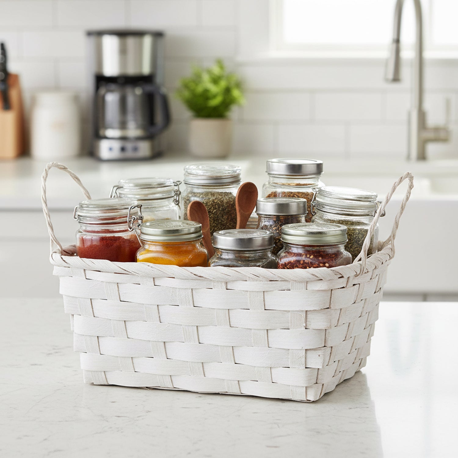 12-Pack 8" Small Rectangular White Wash Bamboo Utility Baskets with Ear Handles