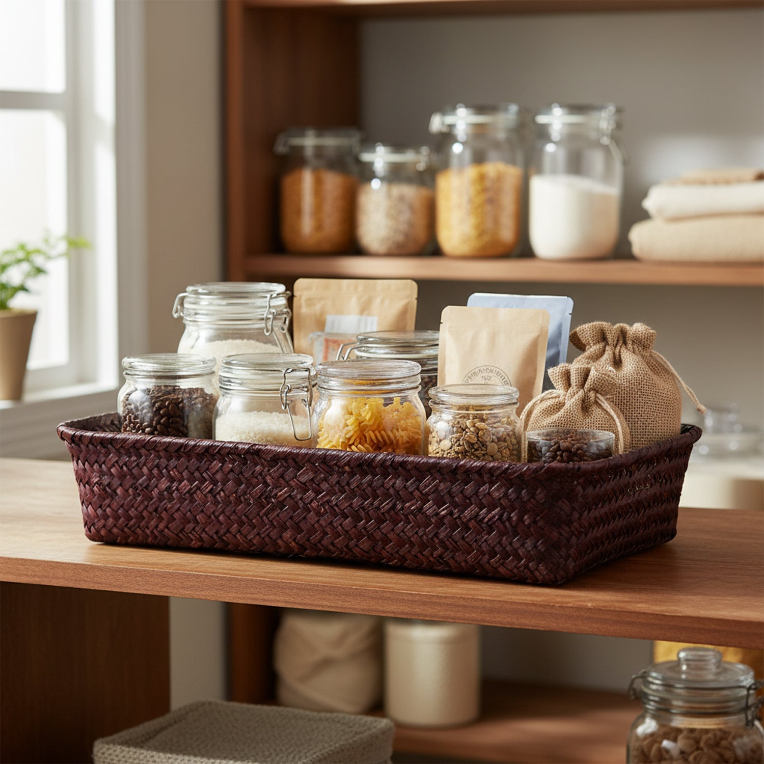 Alexa Collection: 12-Pack 7" Small Rectangular Seagrass & Metal Utility Tray Baskets