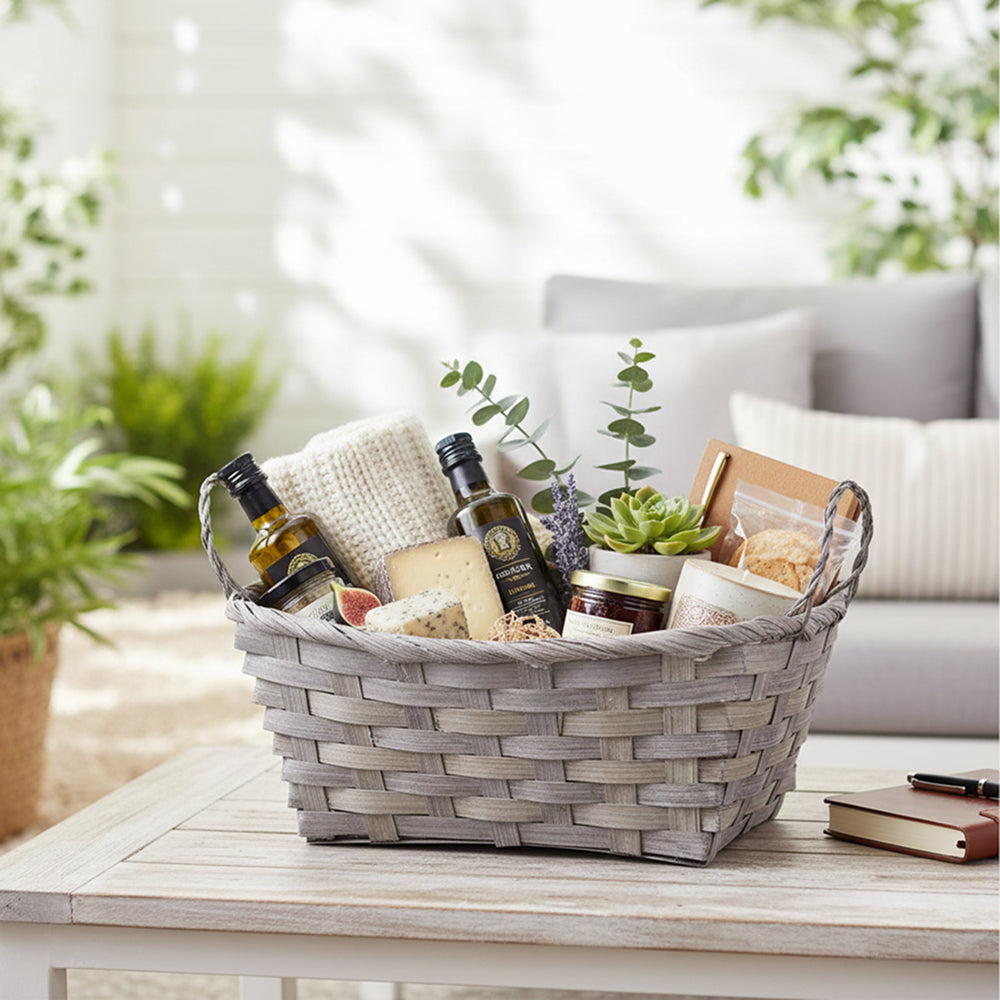 12-Pack 8" Rectangular Antique Grey Bamboo Baskets with Ear Handles