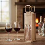 Jute Collection: 12-Pack 3" Natural Jute Wine Bottle Bags with Window and Handle