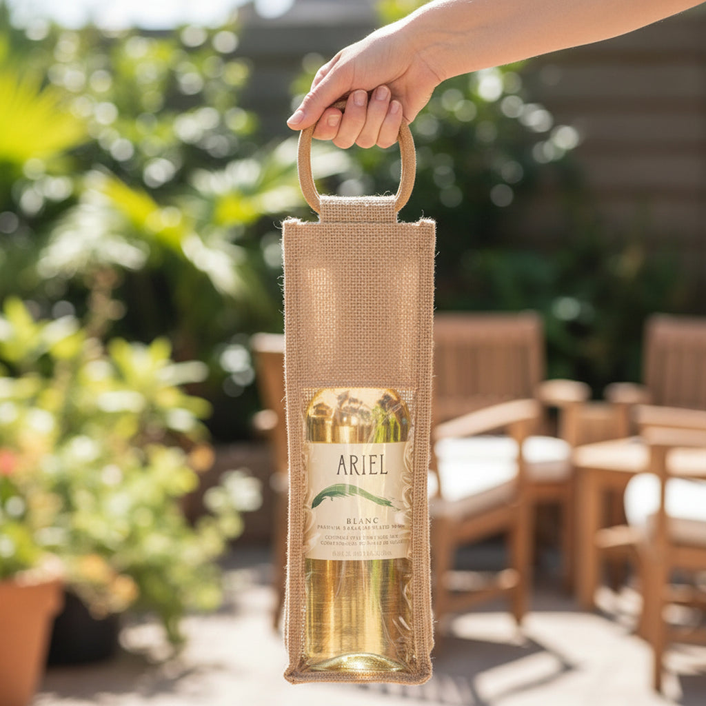 Jute Collection: 12-Pack 3" Natural Jute Wine Bottle Bags with Window and Handle