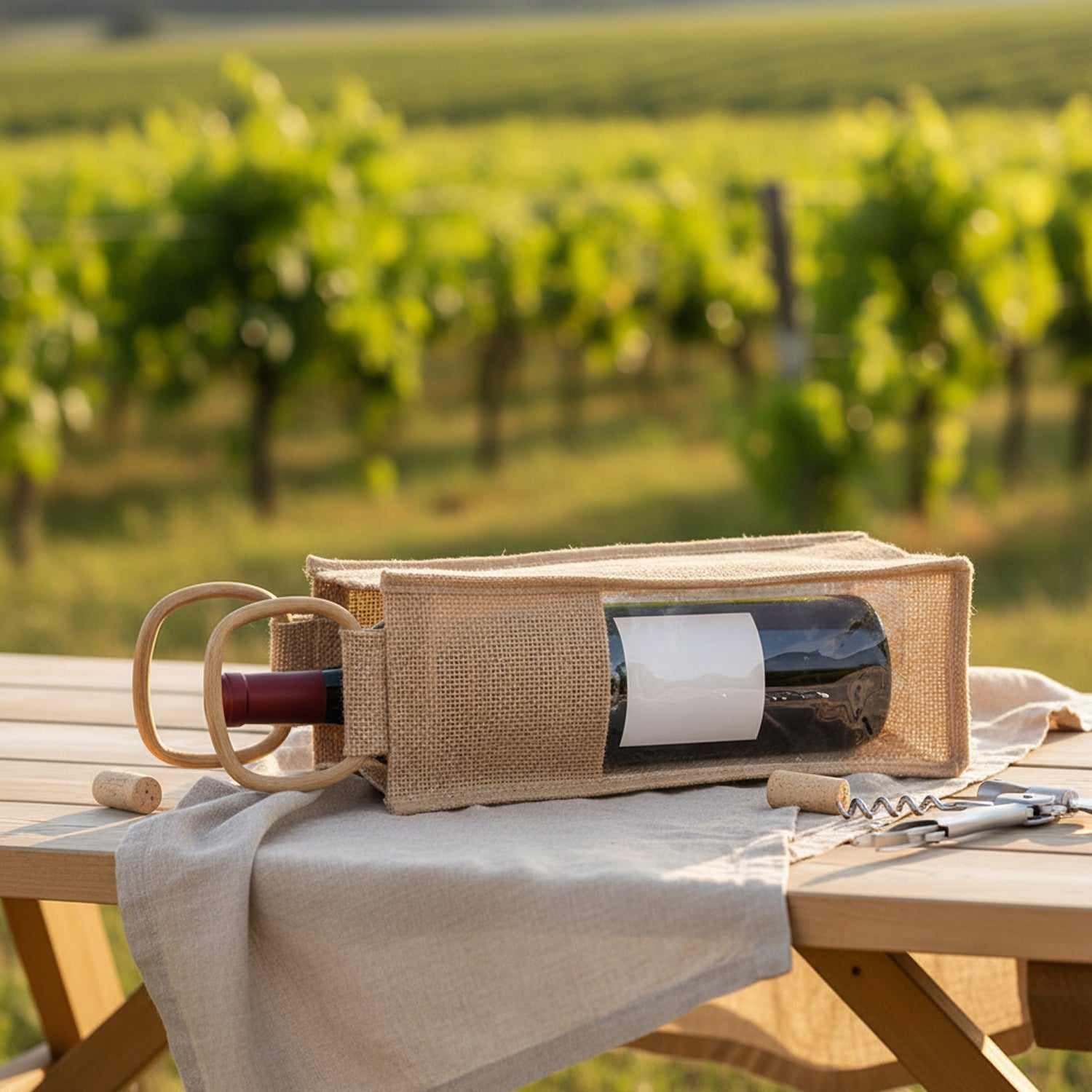 Jute Collection: 12-Pack 3" Natural Jute Wine Bottle Bags with Window and Handle