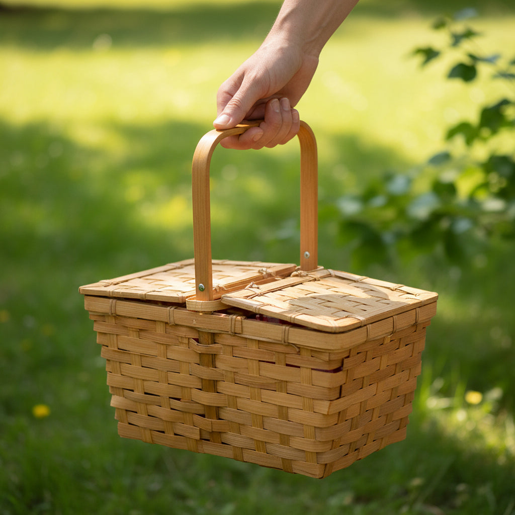 12-Pack 10" Rectangular Honey Bamboo Picnic Baskets with Split Double Lids