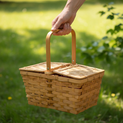 12-Pack 10" Rectangular Honey Bamboo Picnic Baskets with Split Double Lids