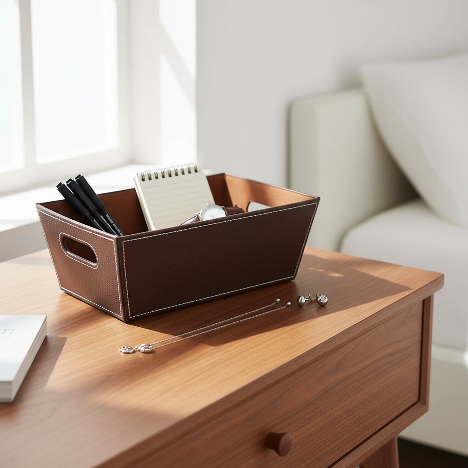 Roosevelt Collection: 12-Pack 11" Small Rectangular Brown Faux Leather Utility Tray with Cutout Handles