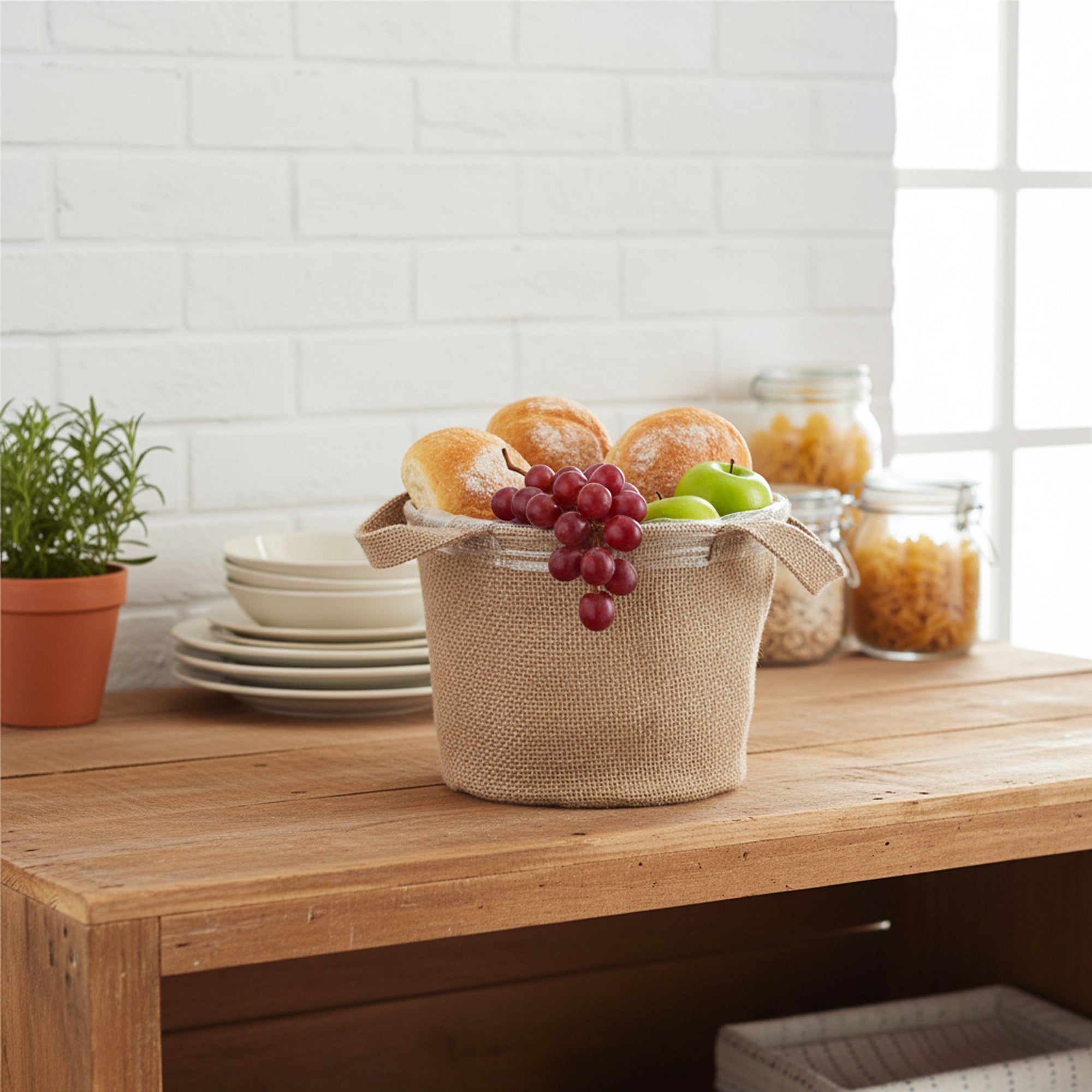 Jute Collection: 12-Pack 8" Round Natural Jute Handle Bags with Plastic Liners
